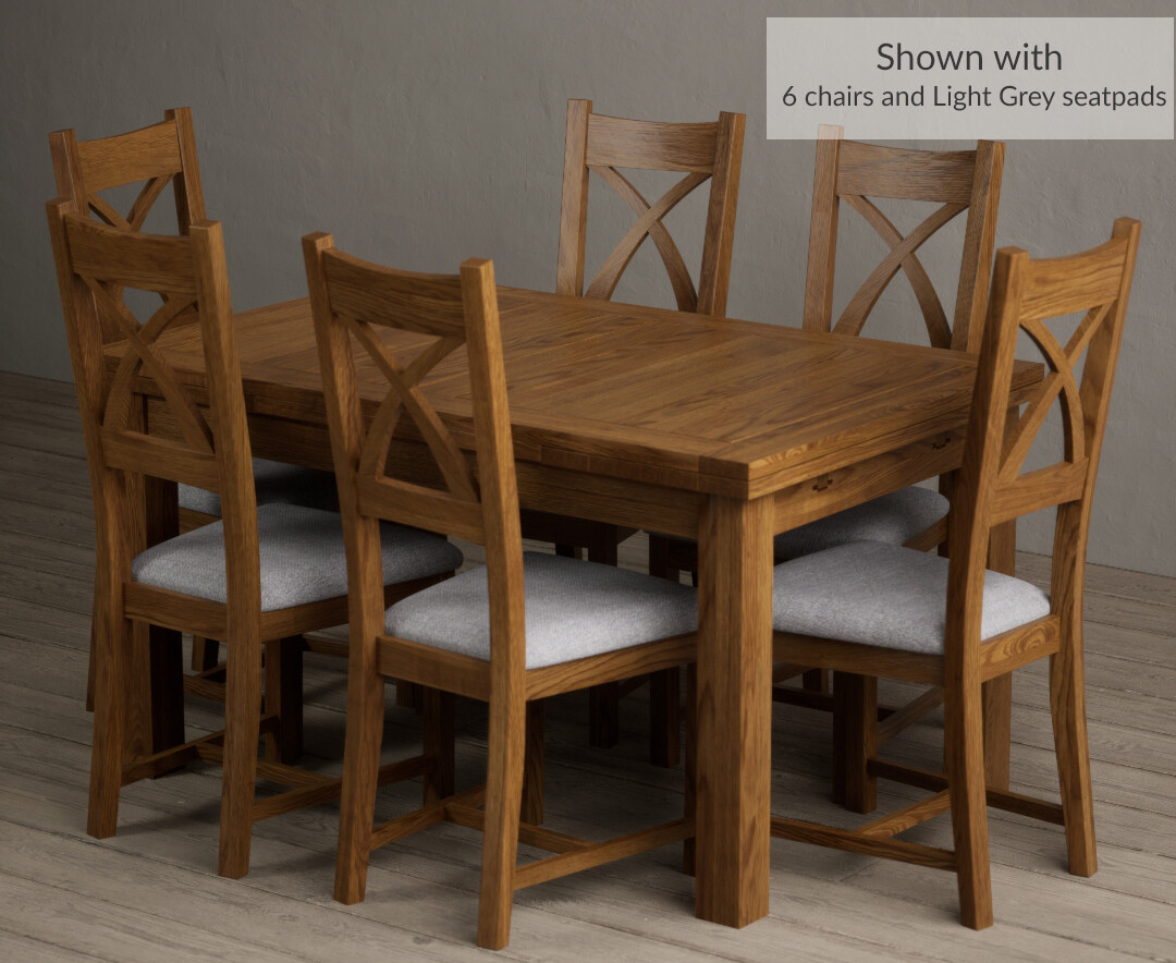 Photo 2 of Buxton 140cm rustic solid oak extending dining table with 6 light grey solid oak x back chairs