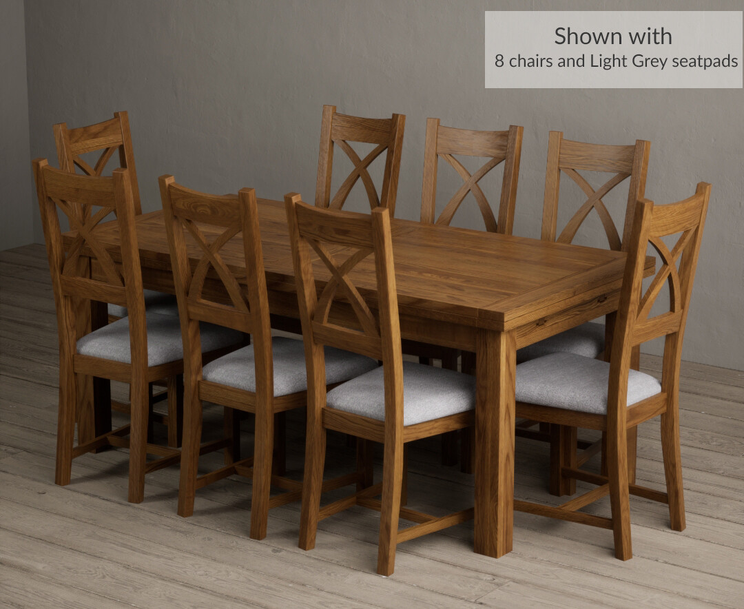 Photo 2 of Buxton 180cm rustic solid oak extending dining table with 10 light grey solid oak x back chairs