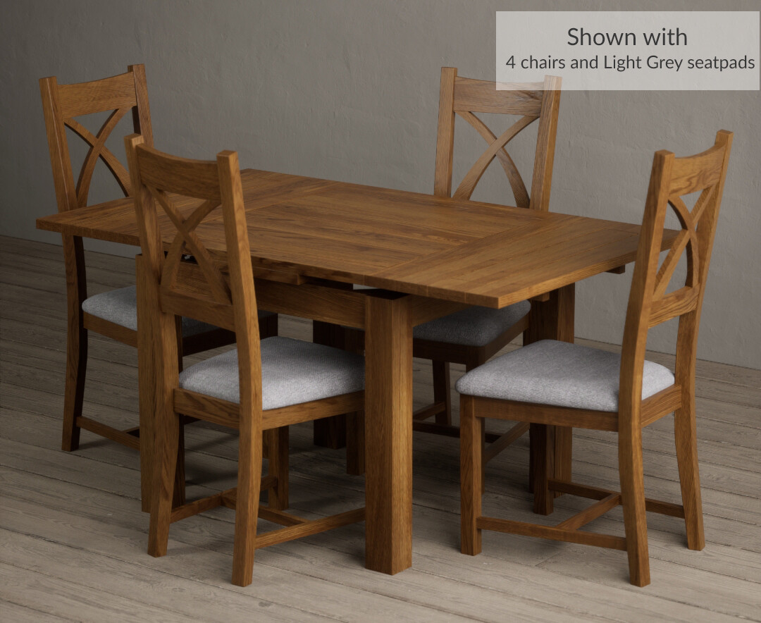 Photo 2 of Buxton 90cm rustic solid oak extending dining table with 6 light grey solid oak x back chairs