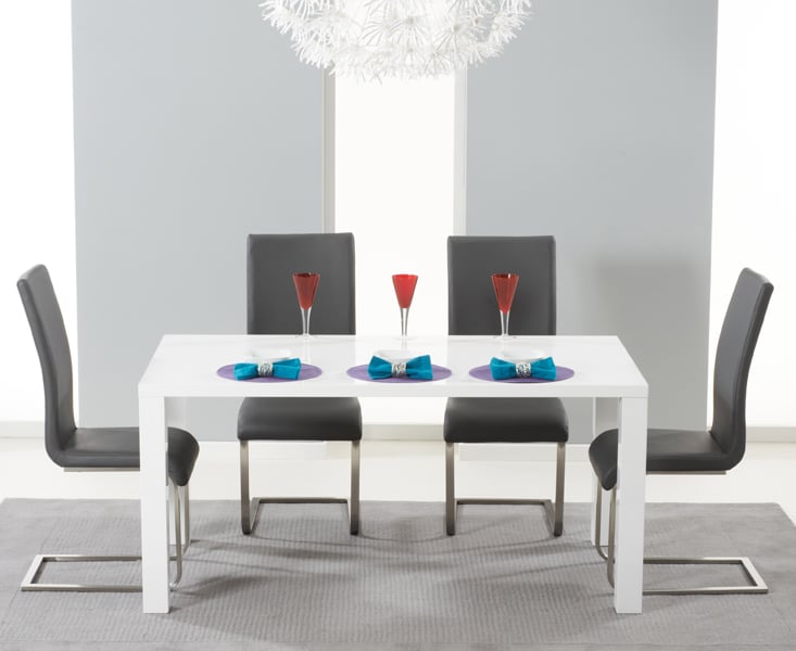 Product photograph of Seattle 120cm White High Gloss Dining Table With 6 Grey Austin Chairs from Oak Furniture Superstore