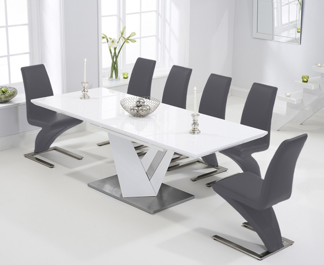 Extending Santino 160cm White High Gloss Dining Table With 10 Grey Aldo Chairs