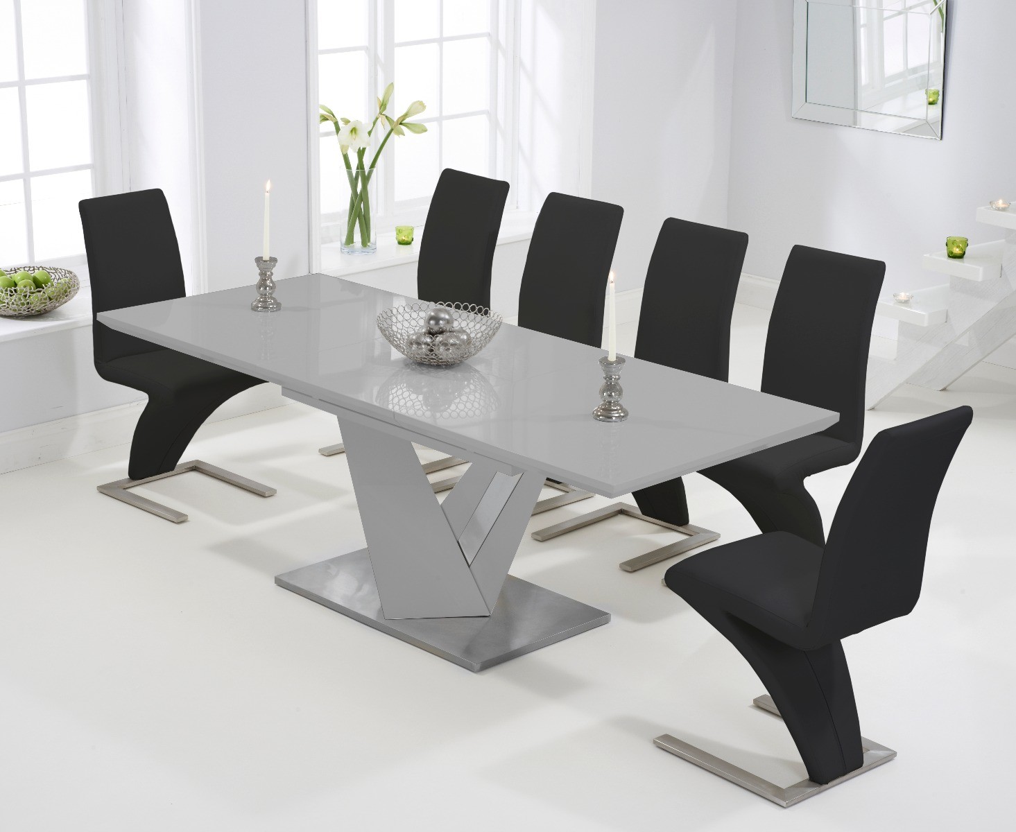Extending Santino 160cm Light Grey High Gloss Dining Table With 10 Black Aldo Chairs