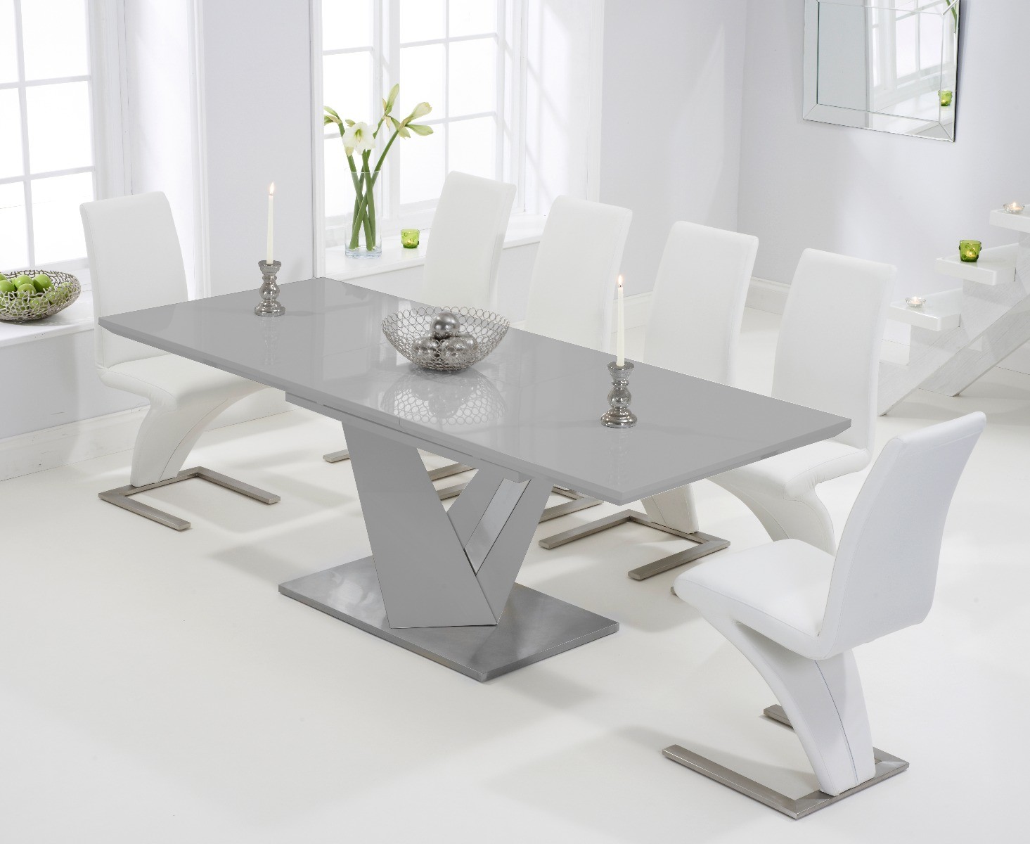 Extending Santino 160cm Light Grey High Gloss Dining Table With 6 White Aldo Chairs