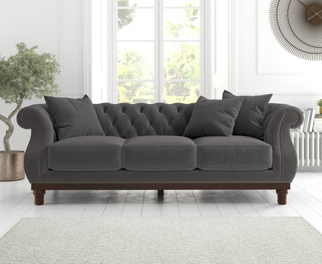 Product photograph of Harrow Chesterfield Dark Grey Velvet 3 Seater Sofa from Oak Furniture Superstore