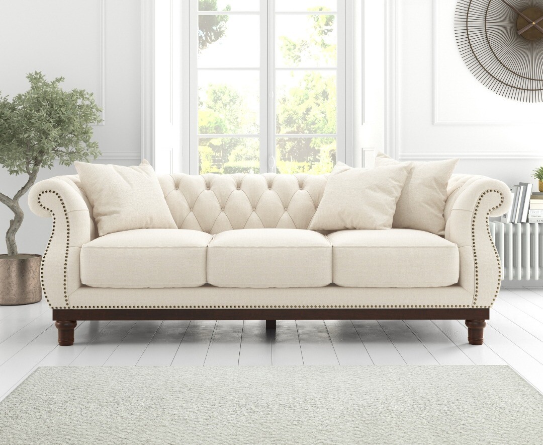 Product photograph of Harrow Chesterfield Ivory Linen Fabric 3 Seater Sofa from Oak Furniture Superstore