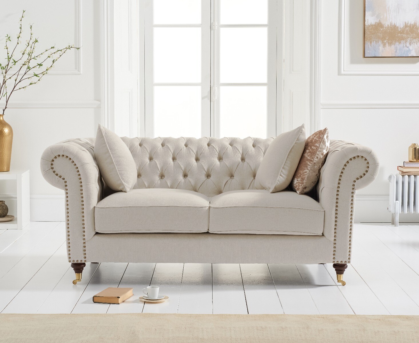 Product photograph of Kensington Chesterfield Ivory Linen 2 Seater Sofa from Oak Furniture Superstore