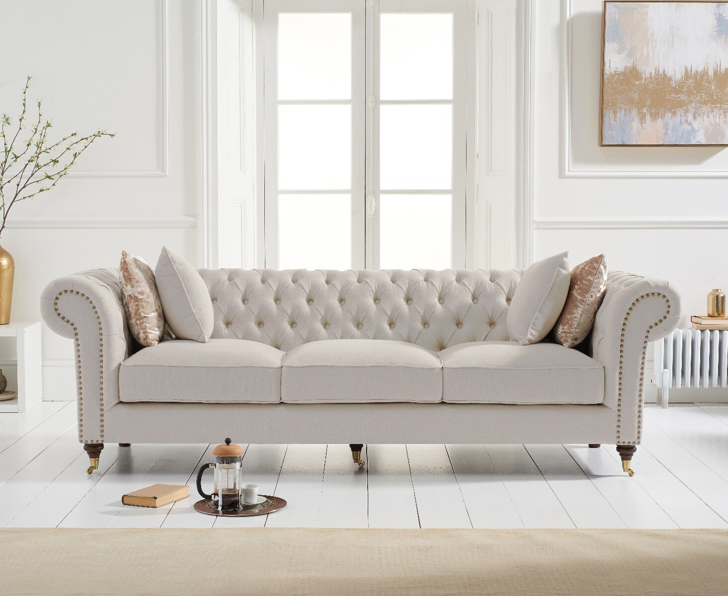 Product photograph of Kensington Chesterfield Ivory Linen 3 Seater Sofa from Oak Furniture Superstore