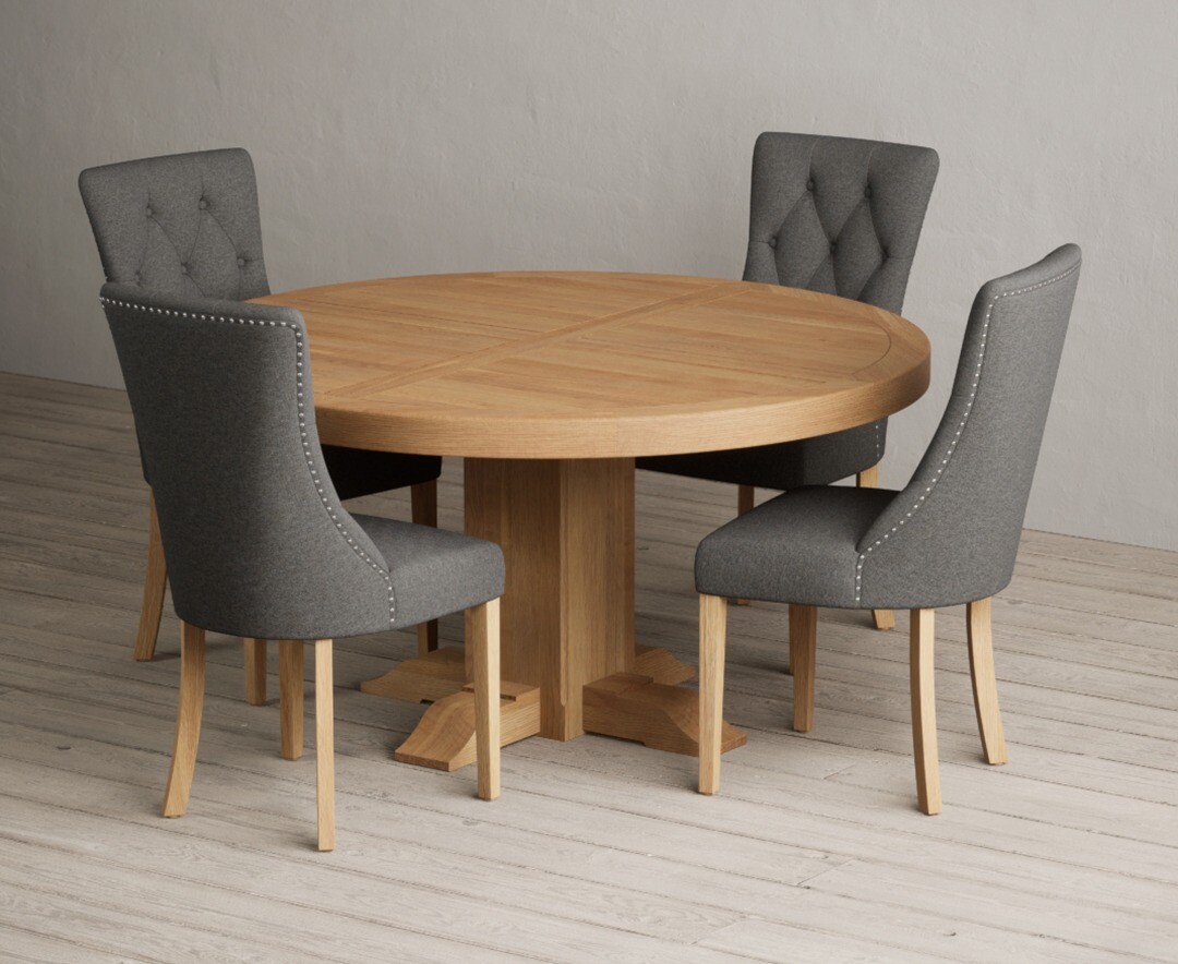 Product photograph of Helmsley 150cm Round Oak Dining Table With 8 Grey Beatrix Chairs from Oak Furniture Superstore