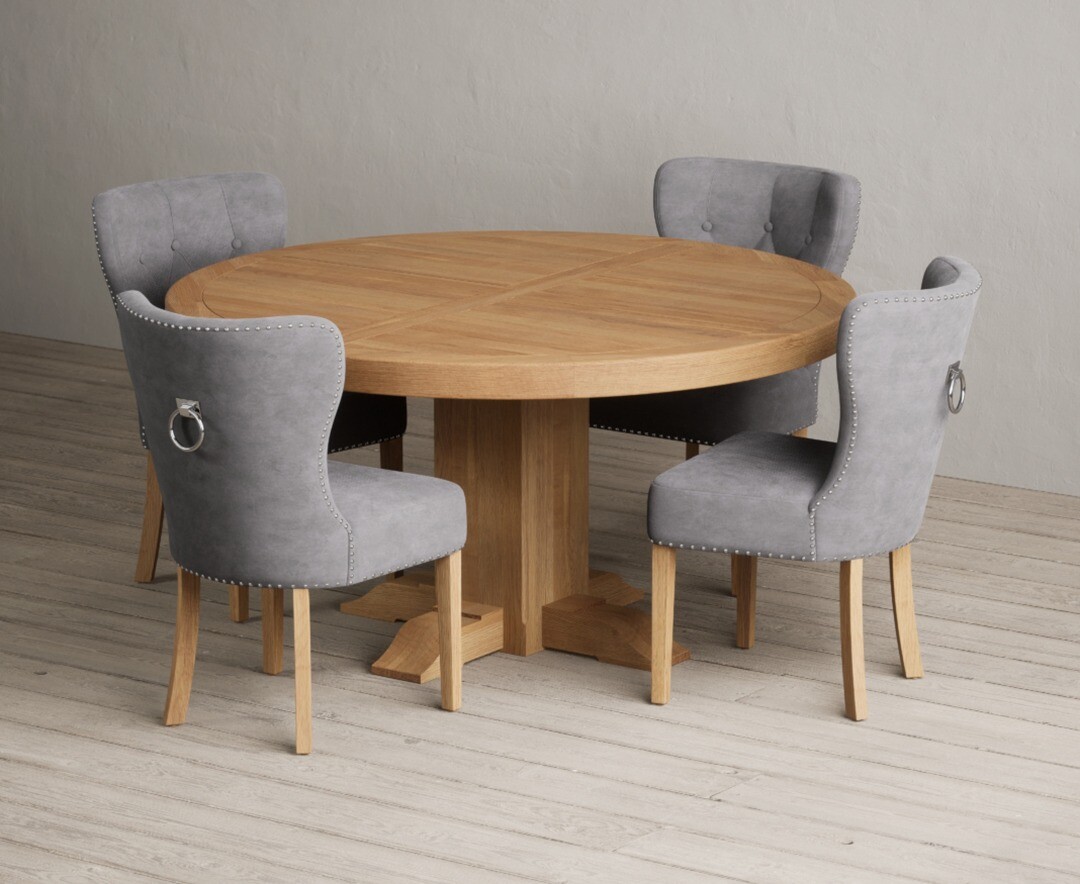 Product photograph of Helmsley 150cm Round Oak Dining Table With 8 Grey Keswick Chairs from Oak Furniture Superstore