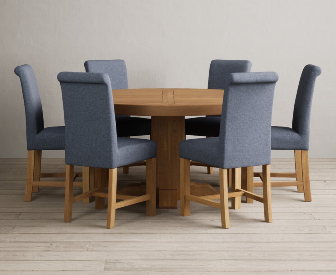 Helmsley 150cm Round Oak Dining Table With 4 Brown Scroll Back Chairs