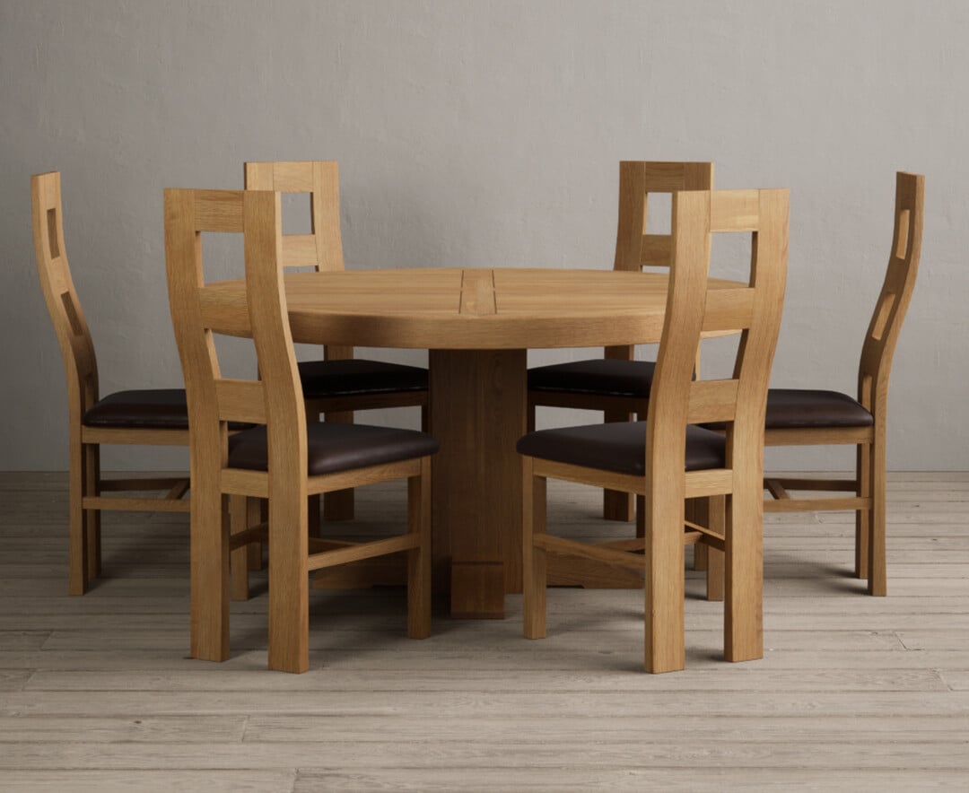 Helmsley 150cm Round Oak Dining Table With 8 Linen Natural Chairs