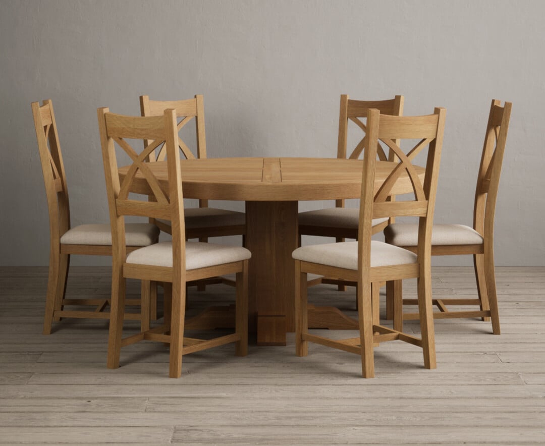 Helmsley 150cm Round Oak Dining Table With 6 Light Grey Natural Solid Oak Chairs