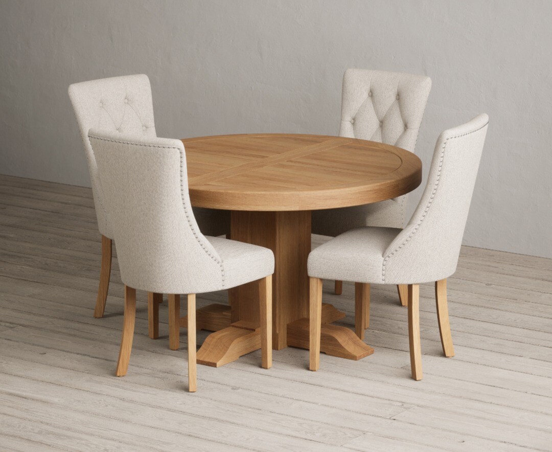 Product photograph of Extending Helmsley Oak Pedestal Dining Table With 4 Natural Beatrix Chairs from Oak Furniture Superstore