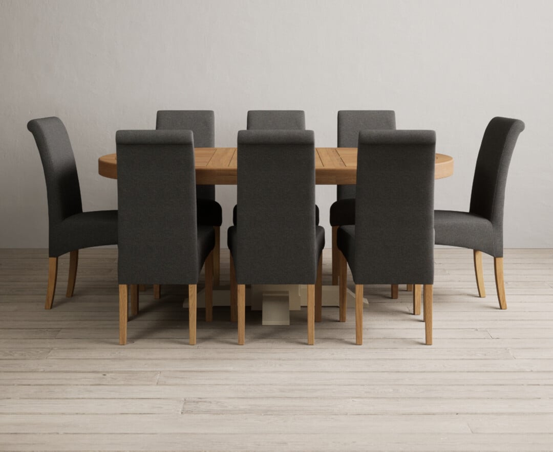 Extending Helmsley Oak And Cream Painted Pedestal Dining Table With 6 Charcoal Grey Scroll Back Chairs