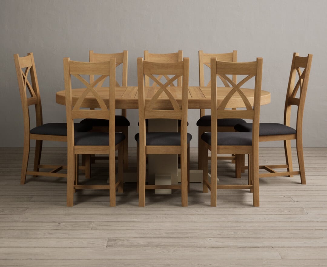 Extending Helmsley Oak And Cream Painted Pedestal Dining Table With 6 Light Grey Natural Solid Oak Chairs