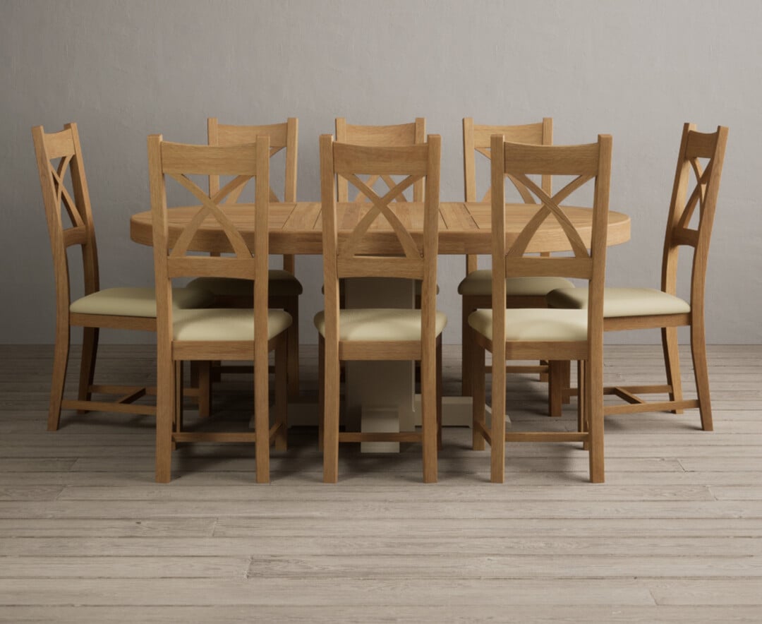 Extending Helmsley Oak And Cream Painted Pedestal Dining Table With 8 Black Natural Solid Oak Chairs