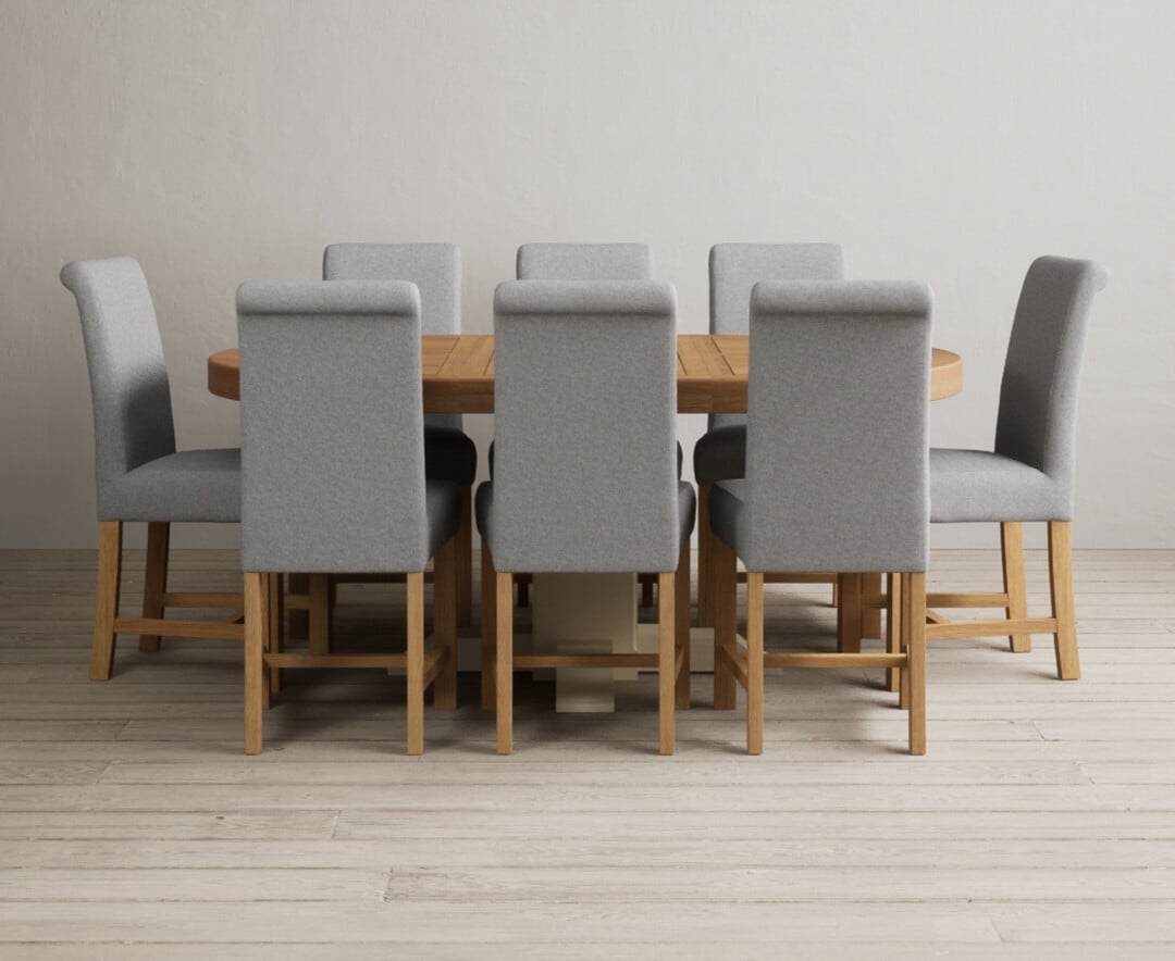 Extending Helmsley Oak And Cream Painted Pedestal Dining Table With 4 Charcoal Grey Scroll Back Chairs