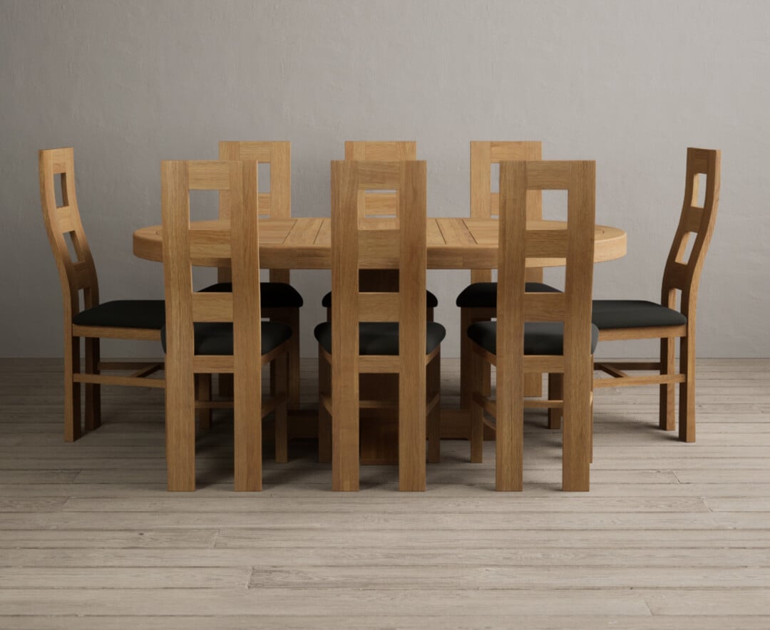 Extending Helmsley Oak Pedestal Dining Table With 8 Cream Natural Solid Oak Chairs