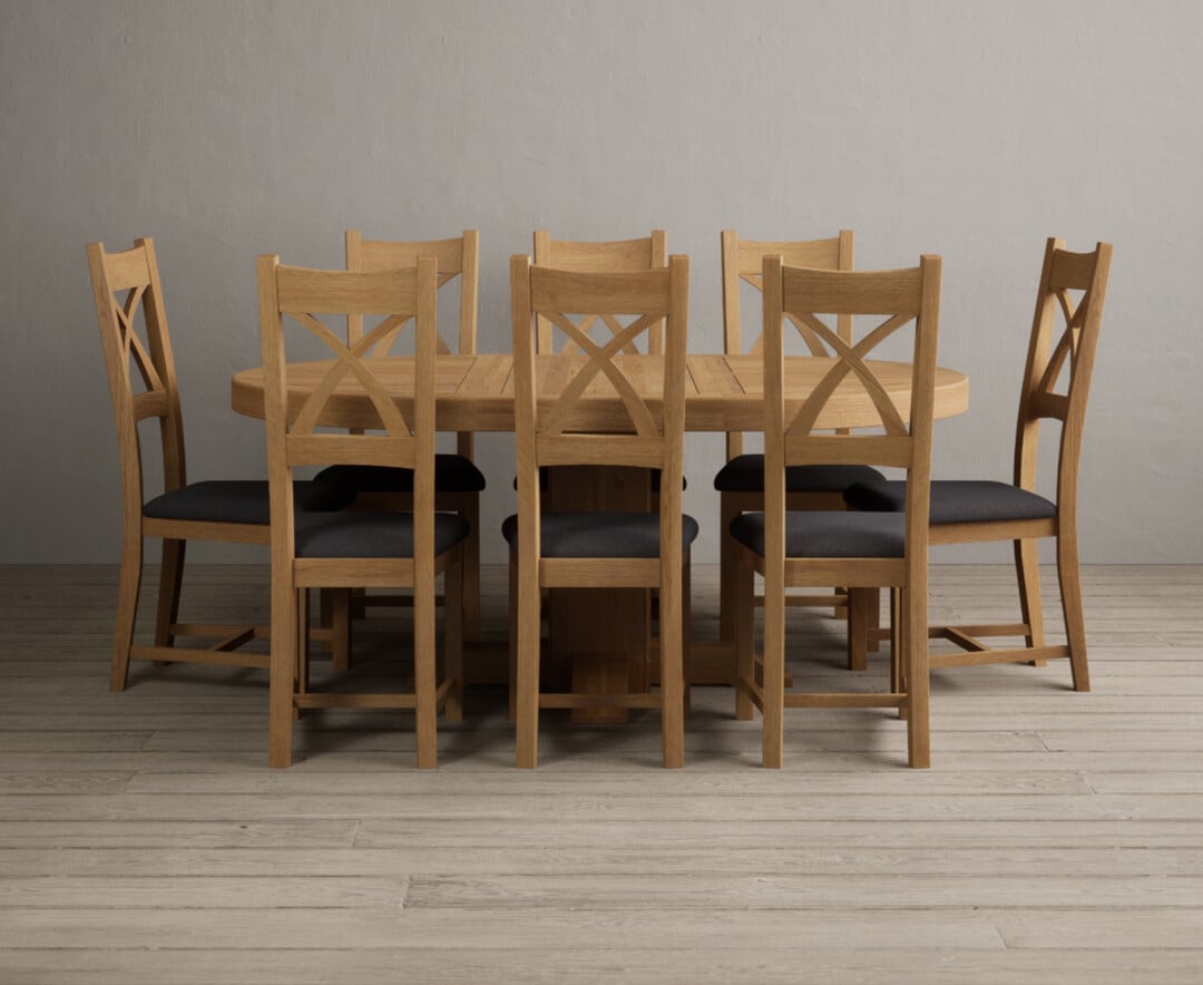 Extending Helmsley Oak Pedestal Dining Table With 8 Light Grey Natural Solid Oak Chairs