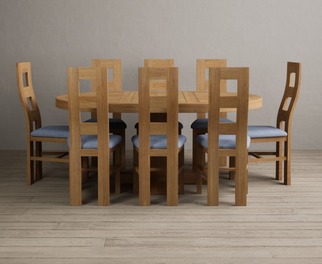 Extending Helmsley Oak Pedestal Dining Table With 8 Blue Natural Chairs