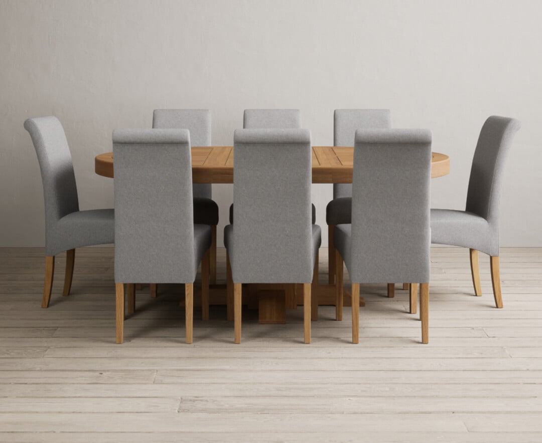Extending Helmsley Oak Pedestal Dining Table With 6 Brown Scroll Back Chairs