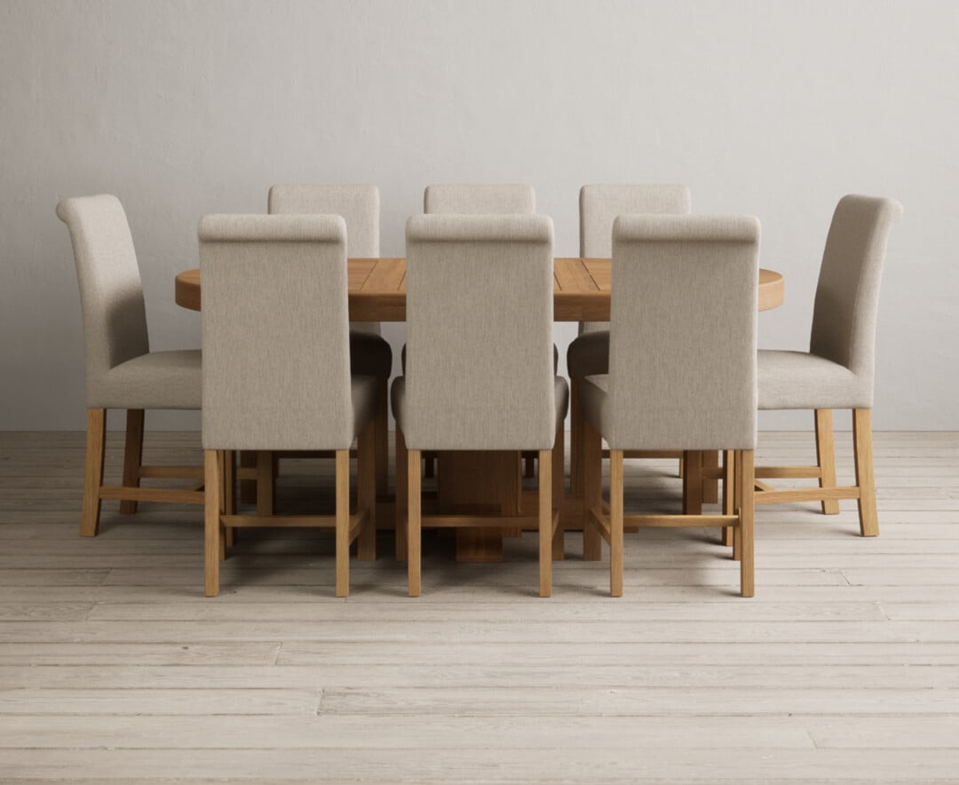 Extending Helmsley Oak Pedestal Dining Table With 4 Grey Scroll Back Chairs