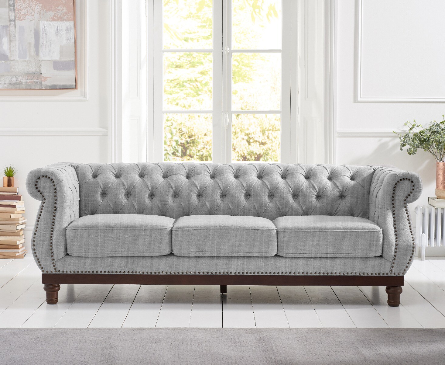 Product photograph of Harrow Chesterfield Grey Linen Fabric 3 Seater Sofa from Oak Furniture Superstore.