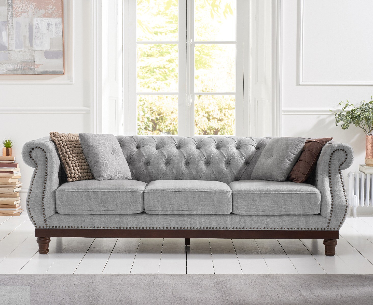 Harrow Chesterfield Grey Linen Fabric 3 Seater Sofa