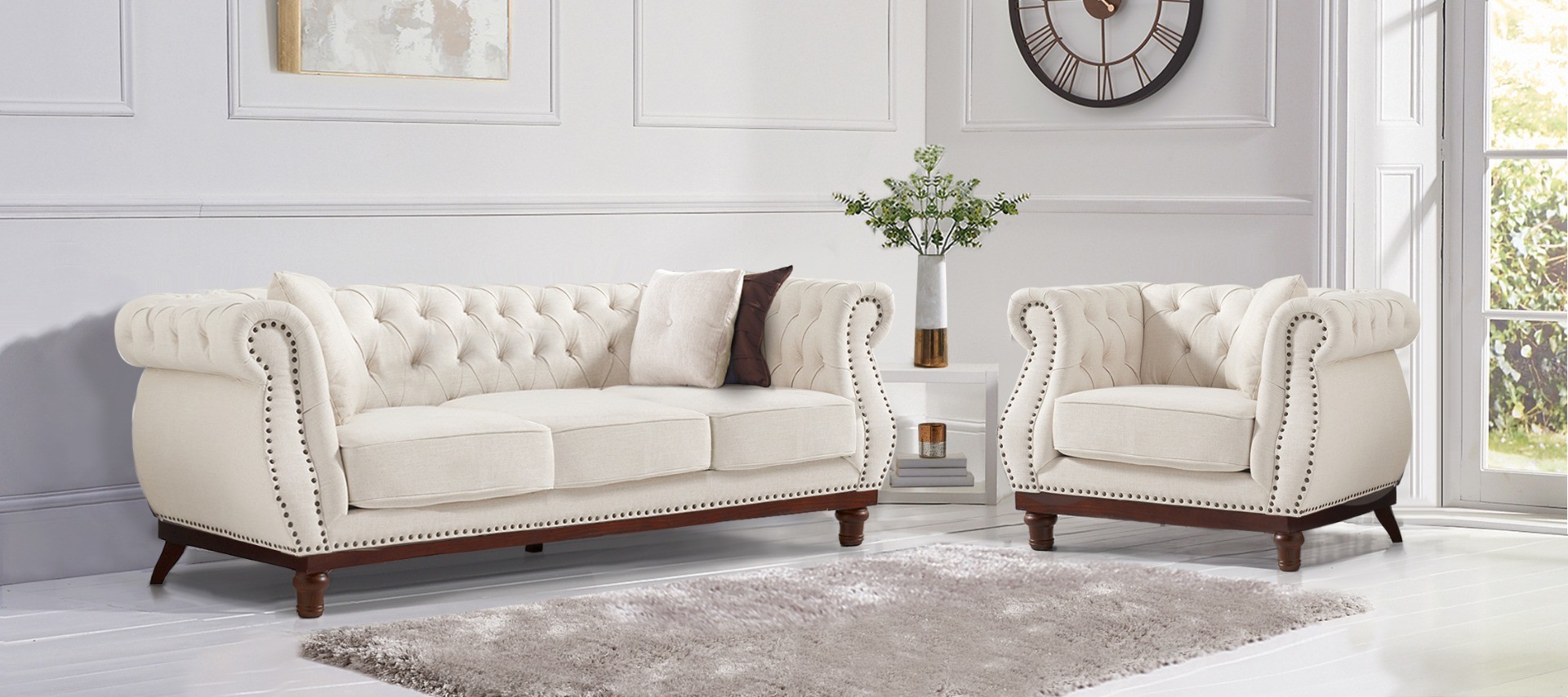 Photo 1 of Harrow chesterfield ivory linen fabric 2 seater sofa