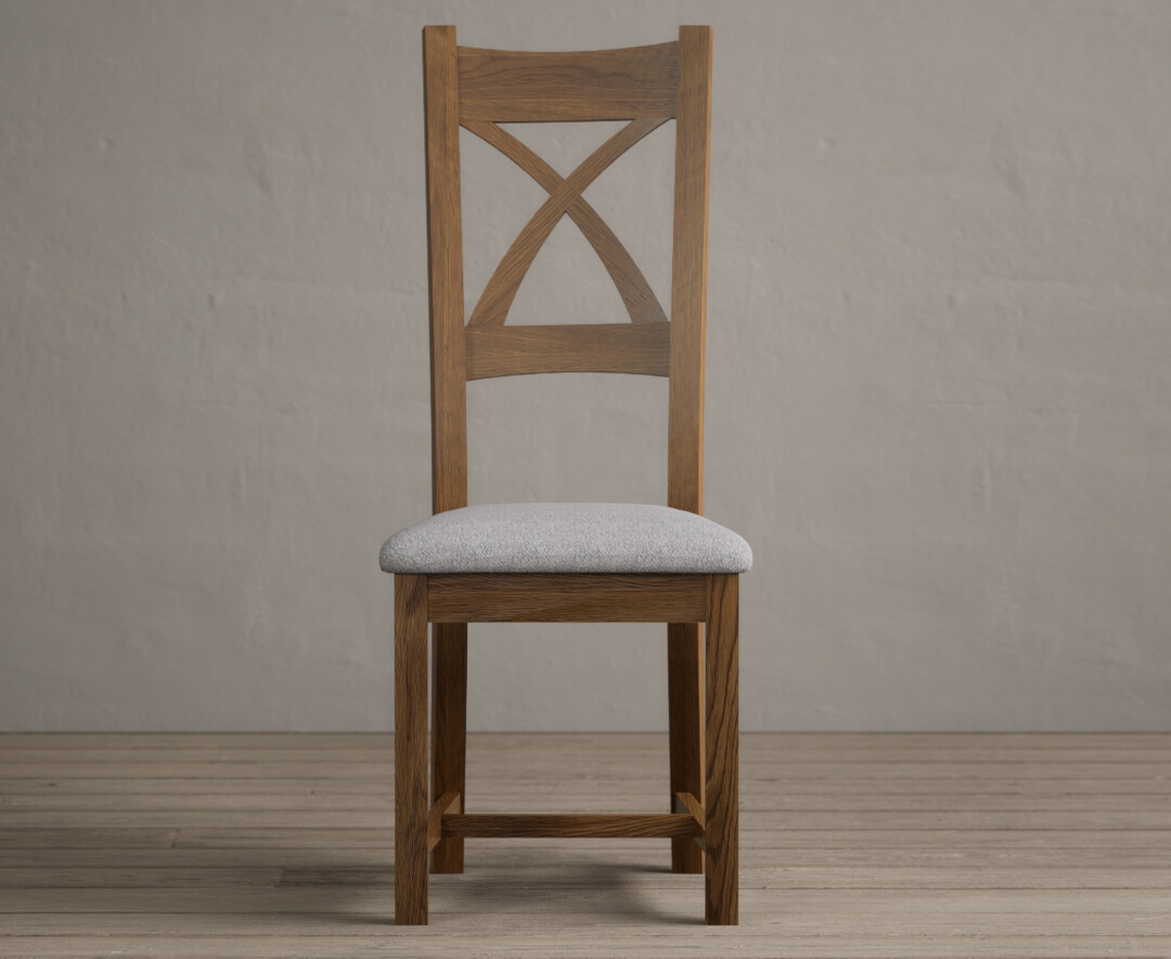 Rustic Solid Oak X Back Dining Chairs With Light Grey Fabric Seat Pad