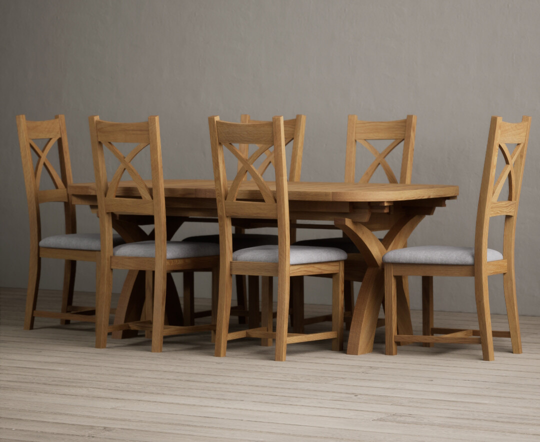 Product photograph of Atlas 180cm Solid Oak Extending Dining Table With 12 Light Grey Natural Solid Oak X Back Chairs from Oak Furniture Superstore