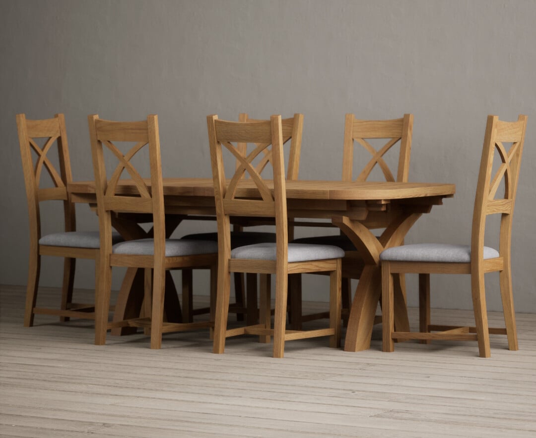 Product photograph of Olympia 180cm Solid Oak Extending Dining Table With 8 Light Grey Natural Solid Oak X Back Chairs from Oak Furniture Superstore