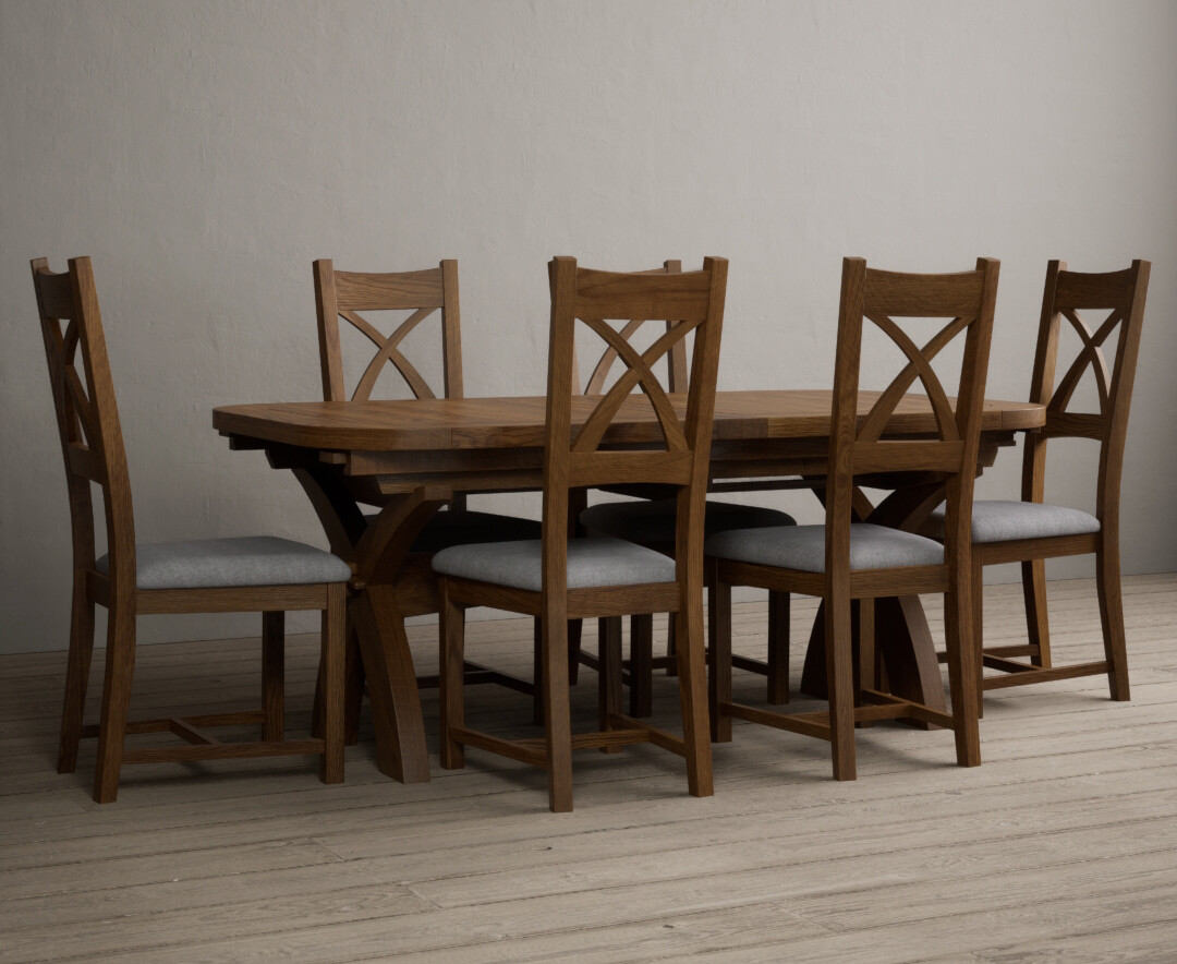 Atlas 180cm Rustic Solid Oak Extending Dining Table With 12 Light Grey Rustic Solid Oak X Back Chairs