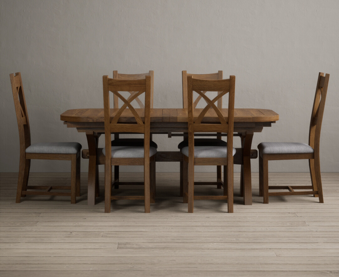 Photo 2 of Atlas 180cm rustic solid oak extending dining table with 8 light grey rustic solid oak x back chairs