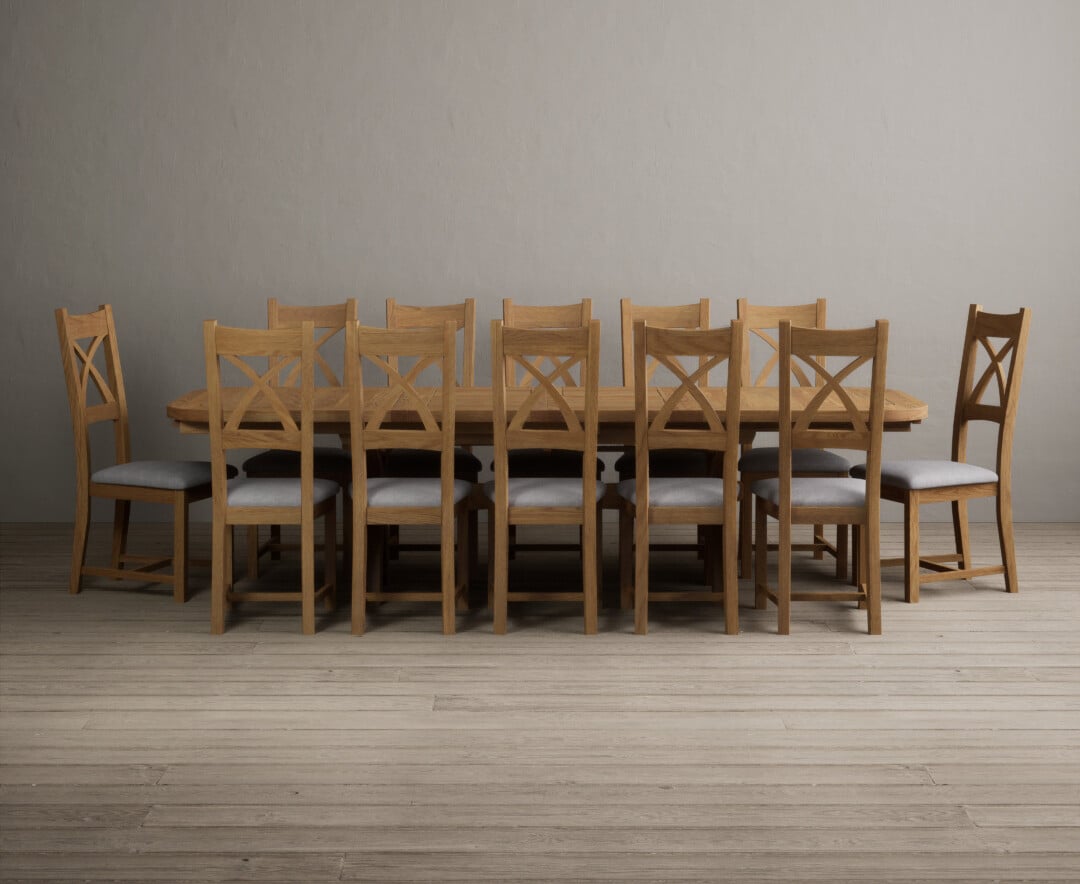 Photo 1 of Extending olympia 180cm solid oak dining table with 8 linen natural solid oak chairs