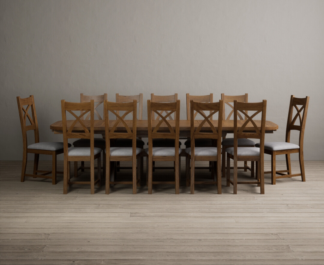 Photo 3 of Atlas 180cm rustic solid oak extending dining table with 10 light grey rustic solid oak x back chairs