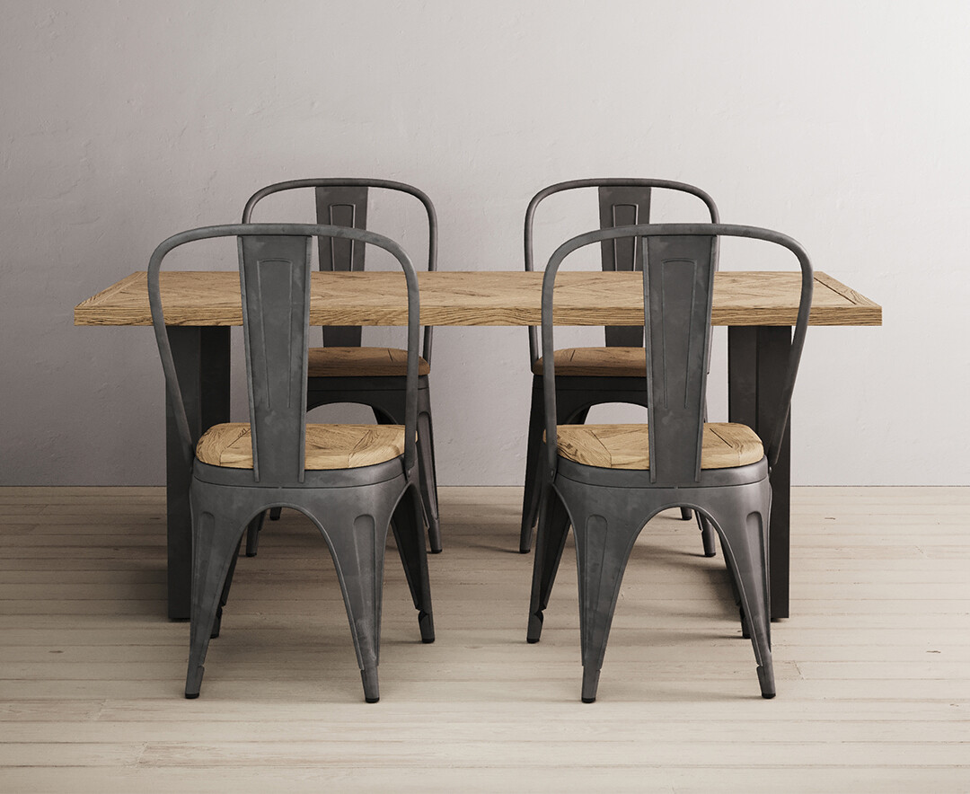 Photo 1 of Herringbone 190cm solid oak and metal dining table with 4 herringbone oak and metal chairs