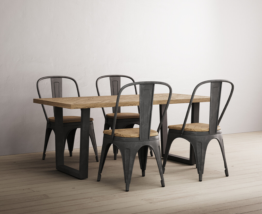 Photo 3 of Herringbone 190cm solid oak and metal dining table with 4 herringbone oak and metal chairs