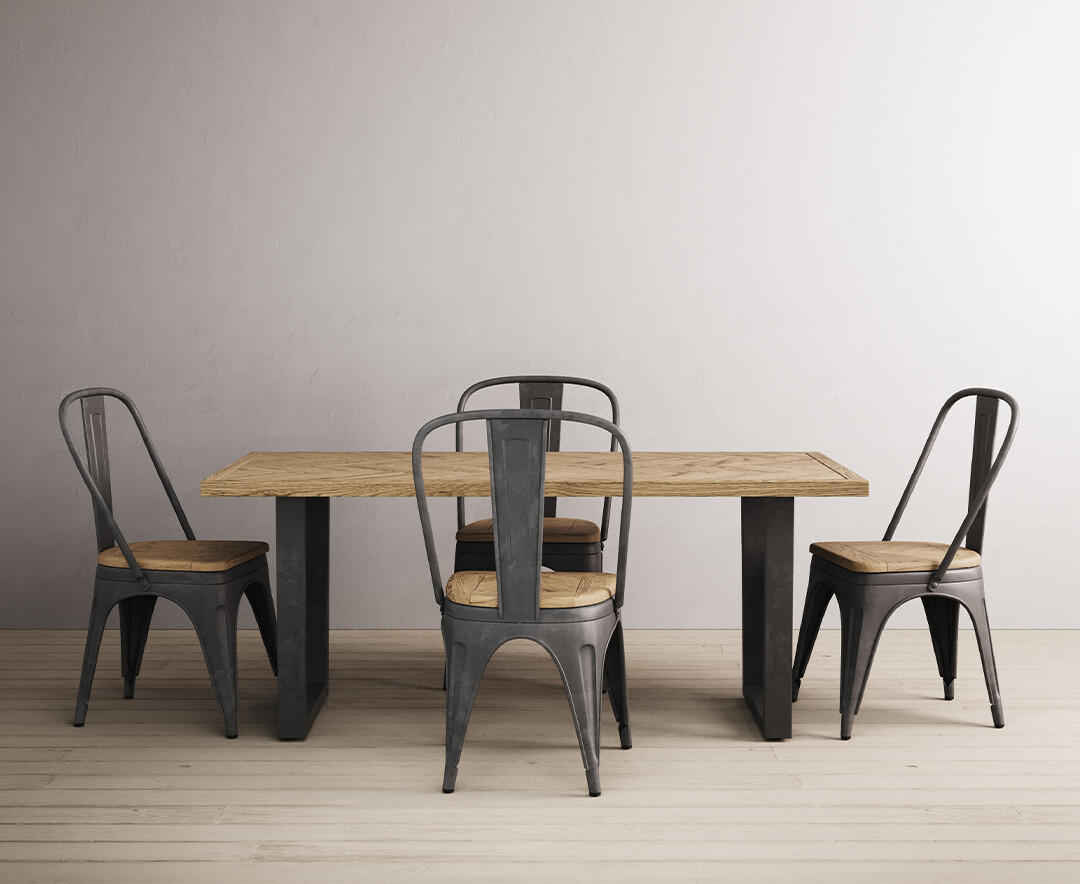 Photo 2 of Herringbone 190cm solid oak and metal dining table with 4 herringbone oak and metal chairs