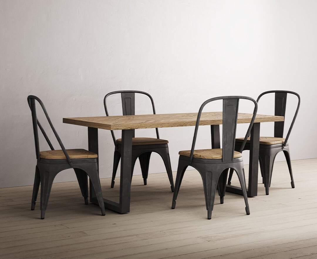 Herringbone 190cm Solid Oak And Metal Dining Table With 4 Herringbone Oak And Metal Chairs