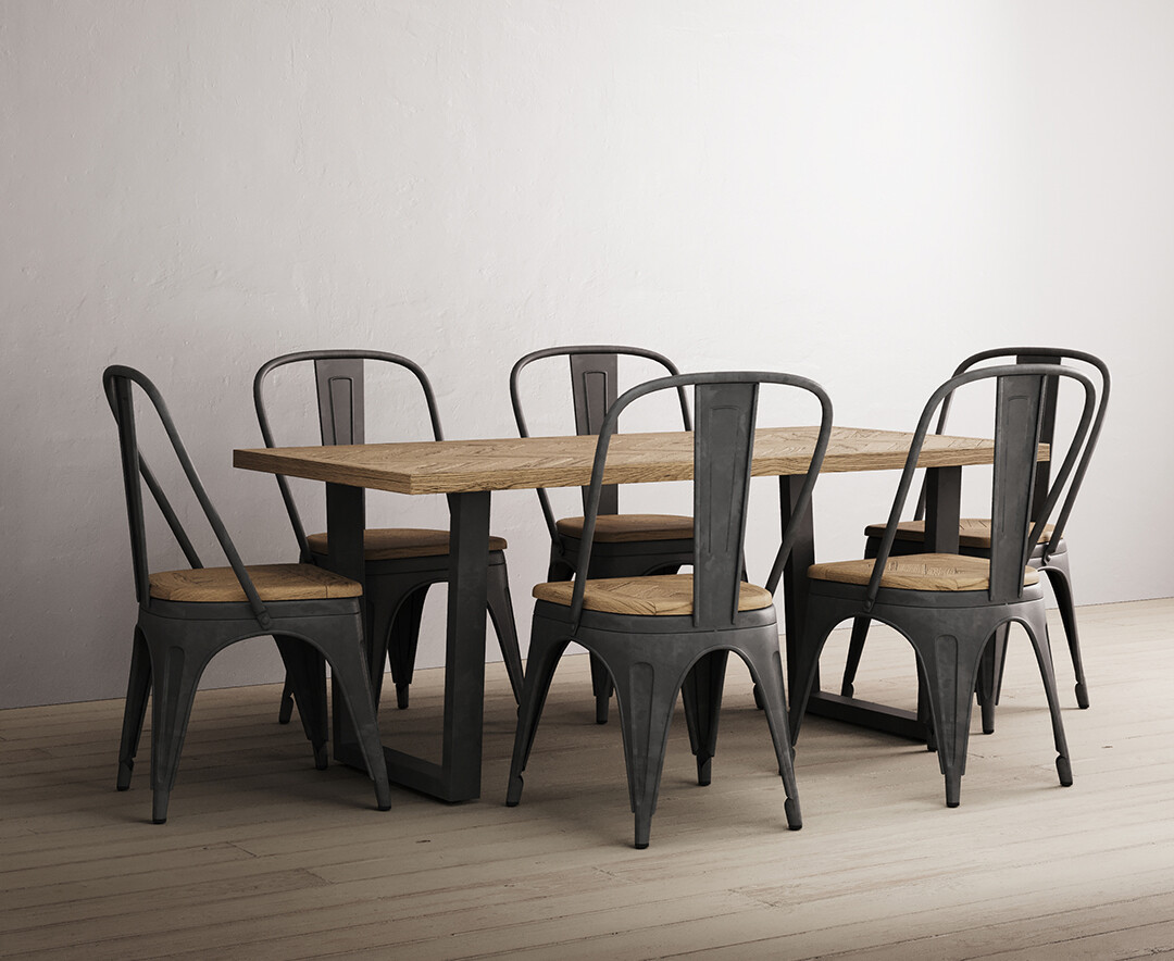 Photo 1 of Herringbone 190cm solid oak and metal dining table with 6 herringbone oak and metal chairs