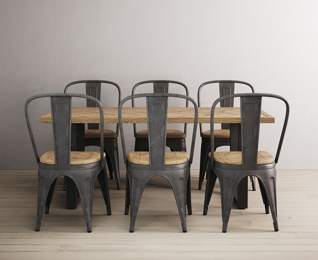 Product photograph of Herringbone 190cm Solid Oak And Metal Dining Table With 6 Herringbone Oak And Metal Chairs from Oak Furniture Superstore