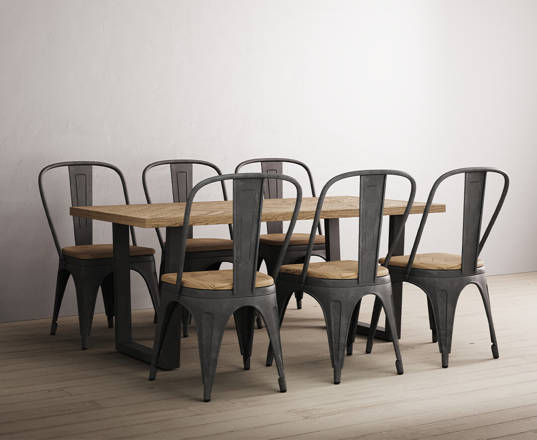 Photo 2 of Herringbone 190cm solid oak and metal dining table with 6 herringbone oak and metal chairs