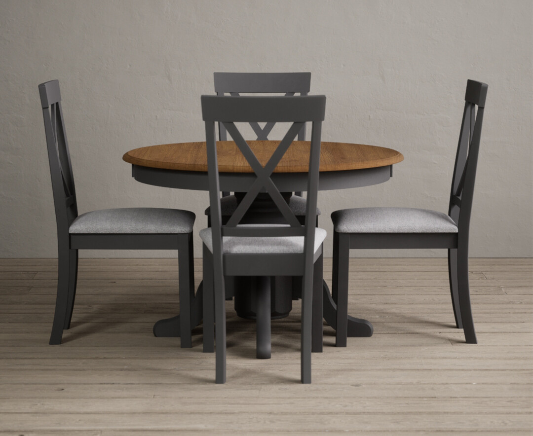 Product photograph of Hertford Oak And Charcoal Grey Painted Pedestal Extending Dining Table With 4 Linen Hertford Chairs from Oak Furniture Superstore
