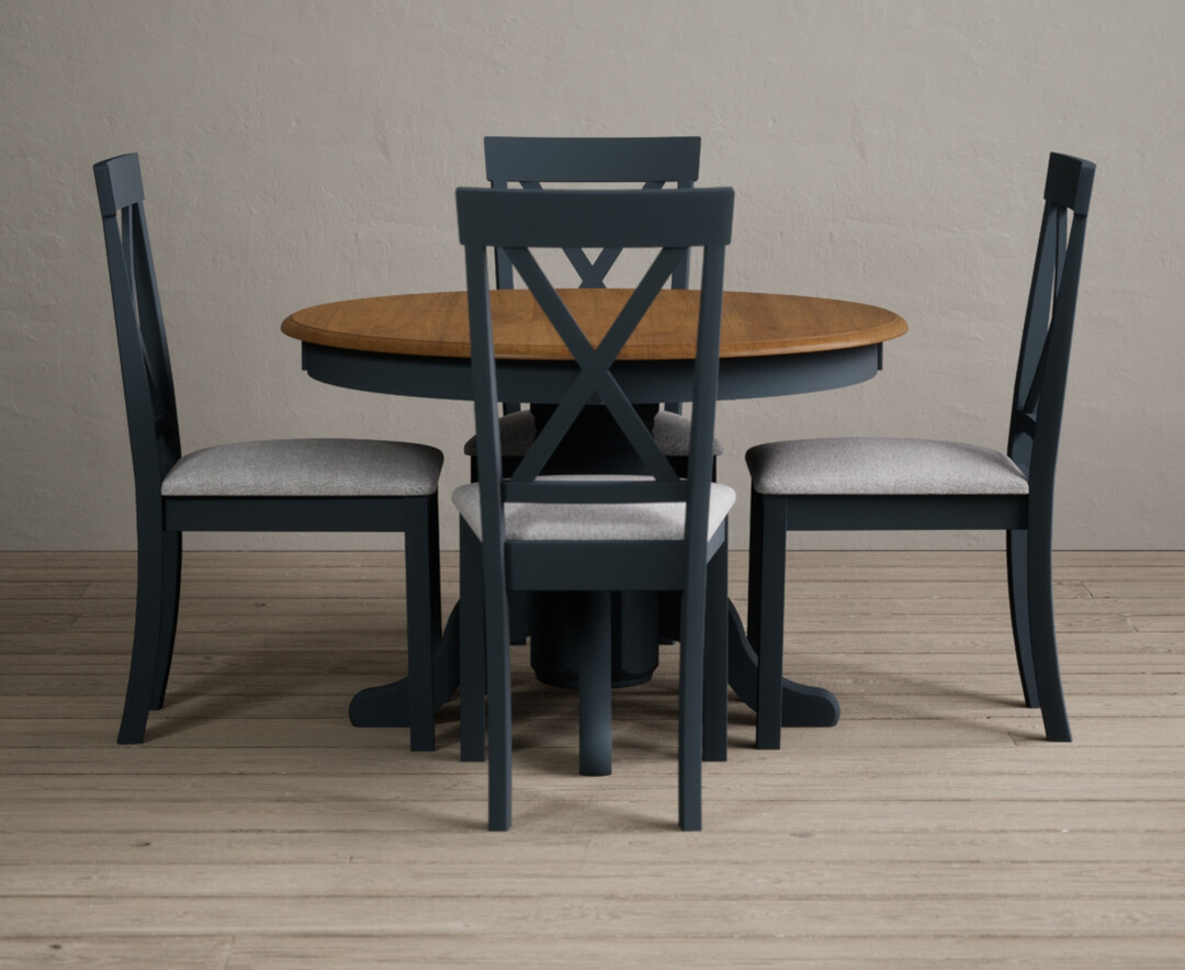 Hertford Oak And Dark Blue Painted Pedestal Extending Dining Table With 4 Charcoal Grey Hertford Chairs