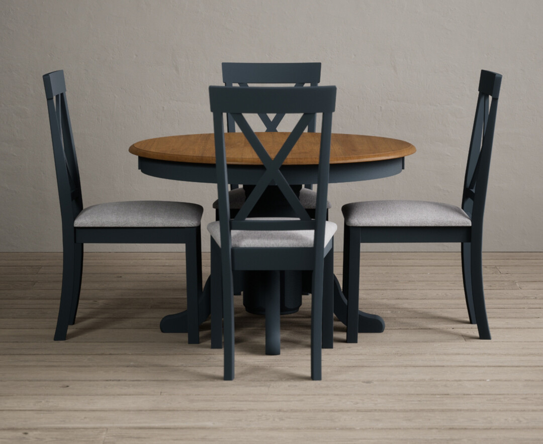 Hertford Oak And Dark Blue Painted Pedestal Extending Dining Table With 4 Brown Hertford Chairs