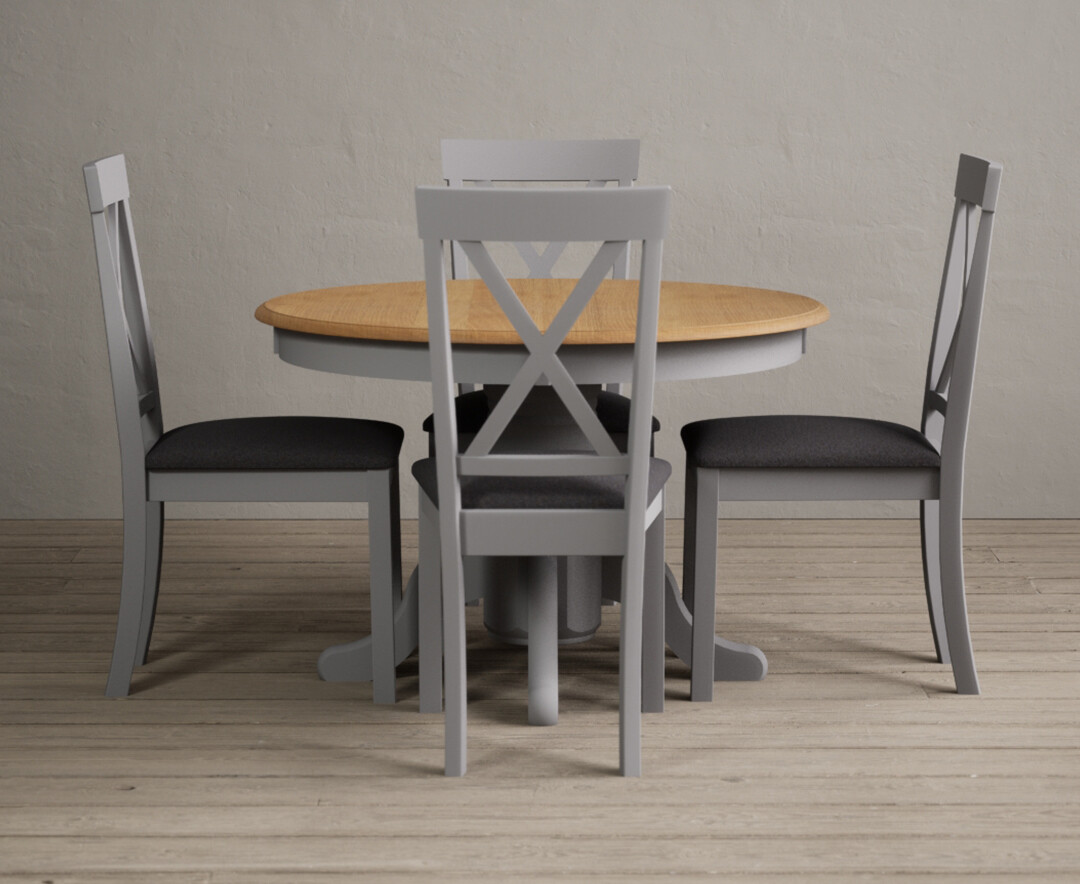 Product photograph of Hertford Oak And Light Grey Painted Pedestal Extending Dining Table With 4 Linen Hertford Chairs from Oak Furniture Superstore