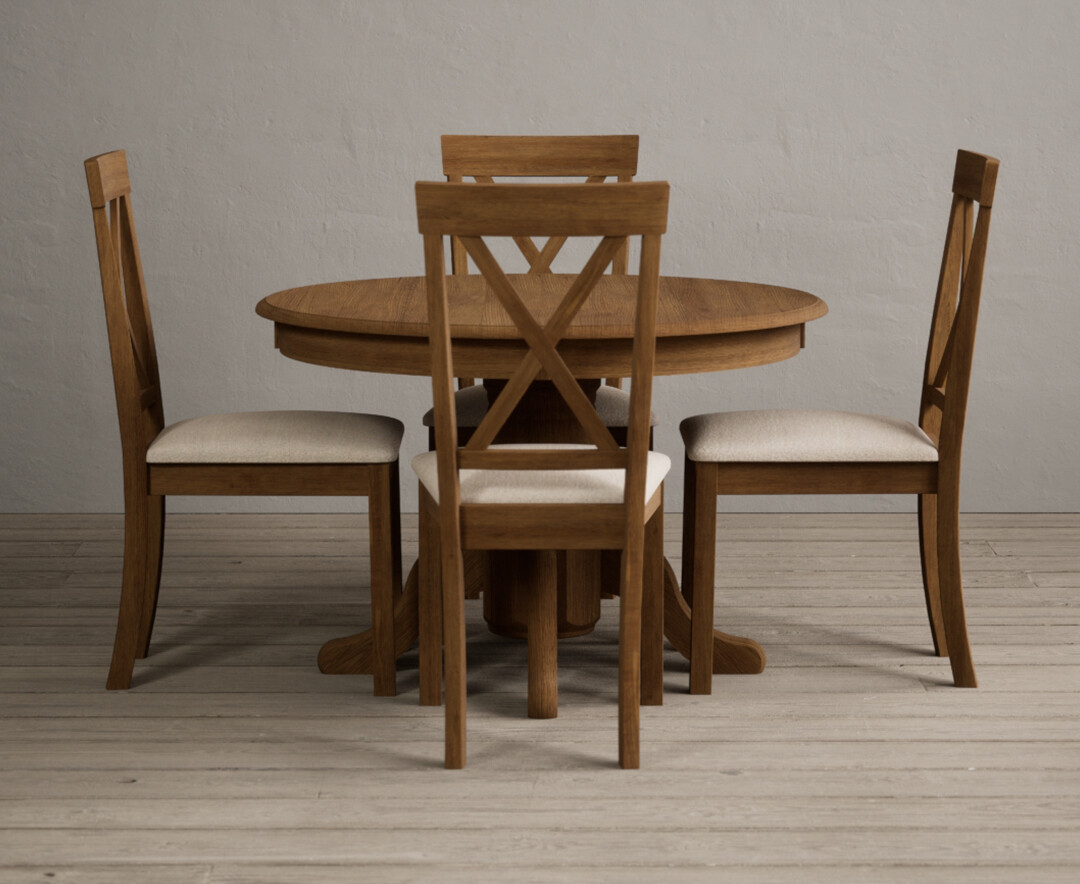 Photo 2 of Hertford rustic oak pedestal extending dining table with 4 linen hertford chairs