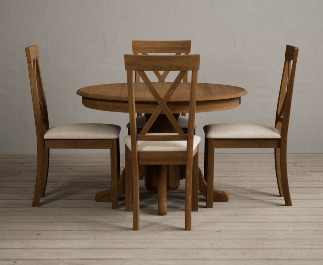 Hertford Rustic Oak Pedestal Extending Dining Table With 4 Blue Hertford Chairs