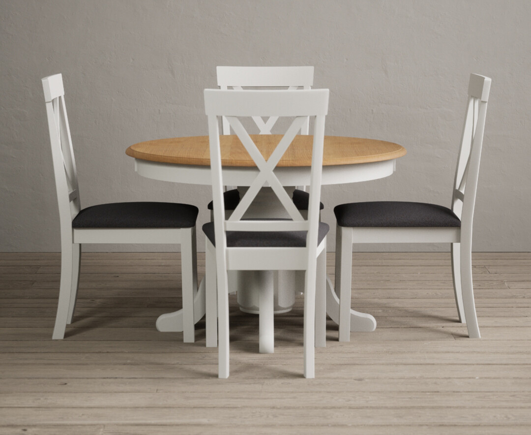 Product photograph of Hertford Oak And Signal White Painted Pedestal Extending Dining Table With 4 Linen Hertford Chairs from Oak Furniture Superstore